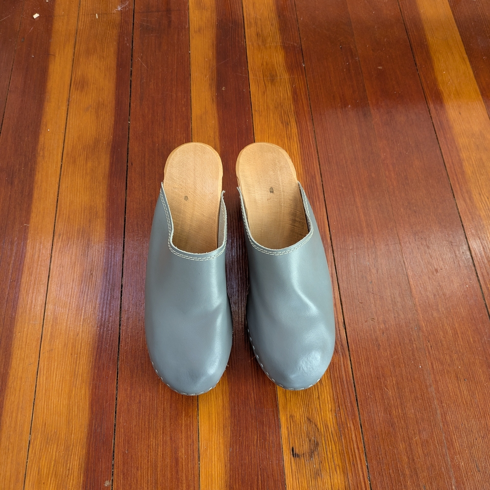 Gray Leather And Wood Clogs